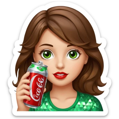 Girl with brown wavy hair green-brown eyes drinking a bedazzled Diet Coke  sticker