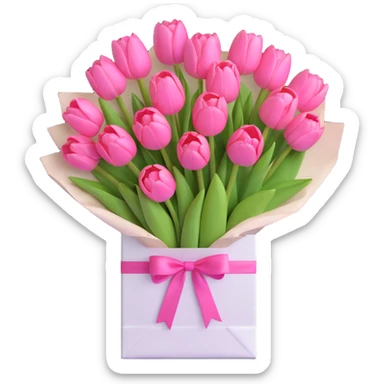 a bouquet of pink tulips in a white paper bag tied with a pink ribbon, pastel colors, soft shadows, clean and minimalistic design, 3D iOS emoji style sticker