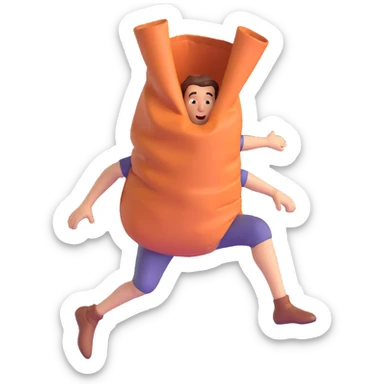 a man with both legs inside of a sack up to the waist, jumping, simplified, minimal details, 3D style sticker