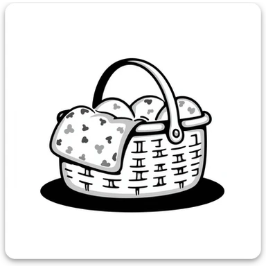 A wicker picnic basket with handle and some picnic items peeking out in pastel colors (dd9fb0, ffc6d3, a3bfc9, c4bee2, f1b091), hand-drawn doodle style sticker