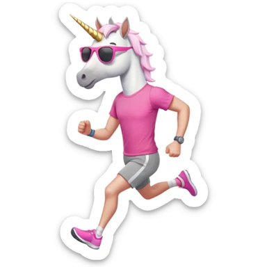 friendly anthropomorphised male white unicorn in grey shorts and pink t-shirt, wearing dark sunglasses, jogging upright in a standard pose sticker