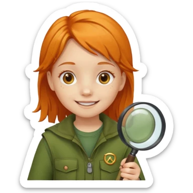 braid orange haired girl kid in moss green explorer outfit, holding magnifying glass, smile sticker