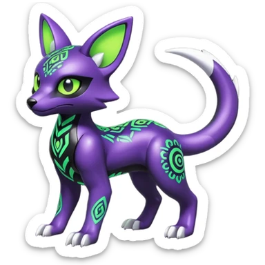 Futuristic modern badass cool shiny metallic alloy black-obsidian purple neon-green white lime animal hybrid Fakemon full body with intricate patterns sticker