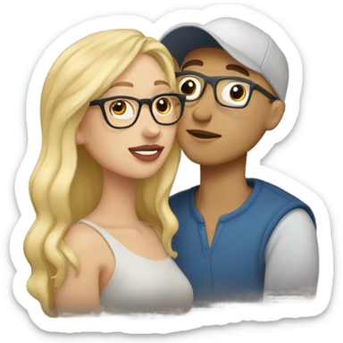 blonde woman with glasses and men with light skin and cap kissing sticker