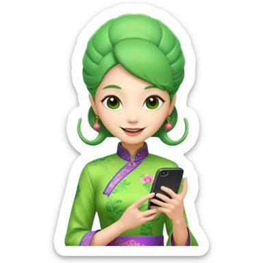 alien with chinese custome dress and smartphone sticker