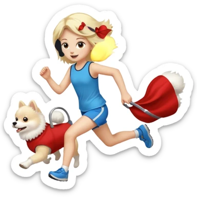 Blond Girl run with white pomeranian  sticker