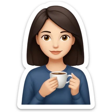 Calm and confident woman with dark shoulder-length hair, warm skin tone, soft features. Sitting by a window, peacefully sipping coffee with a gentle smile. Relaxed, natural vibe. sticker