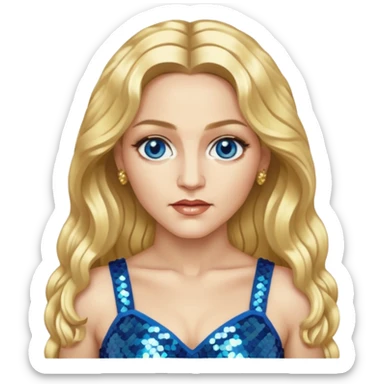 Madonna with blonde long hair, gold sequin crop top, blue eye sticker