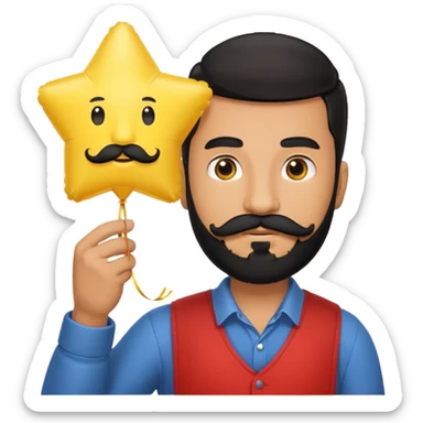 man with black bead and mustache holding star yellow balloon sticker