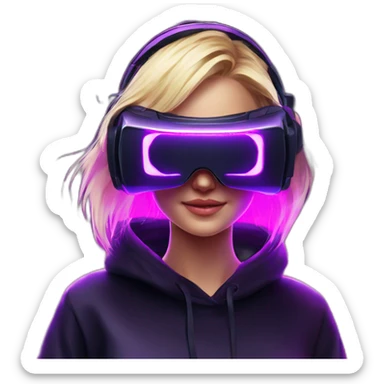 Russian blondy girl celebrating her birthday wearing a black hoodie and VR headset in a cyberpunk VR environment with violet neon lighting sticker