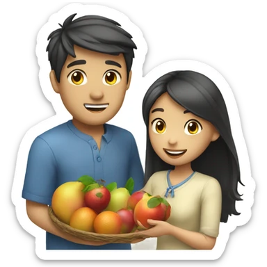 Asian girl giving fruits to man with blue eyes sticker