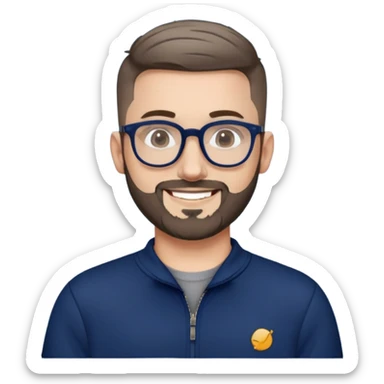 Fair-skinned man with oval face, extremely short tight haircut (very short on top, skin fade on sides), short salt and pepper beard, large black-framed glasses, smiling, wider body type, wearing navy blue long sleeve zip sweatshirt sticker