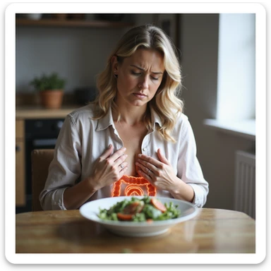 adult woman, photorealistic, intestinal problems, sitting at table with salad, suffering expression, transparent illustration of intestines over abdomen, natural light, kitchen background sticker
