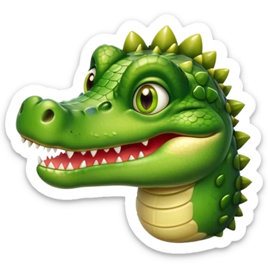 Cinematic Realistic Cute Crocodile Portrait Emoji, Head tilted playfully and inquisitively, featuring a robust, well-defined build with intricately detailed, glossy olive-green scales and a surprisingly endearing face with round, sparkling eyes full of unexpected charm, rendered with lifelike texture and natural highlights, high shine, affectionate and spirited, styled with a touch of wild whimsy, soft glowing outline, capturing the essence of a mischievous yet lovable crocodile that seems poised to snap playfully out of the screen into your arms! sticker