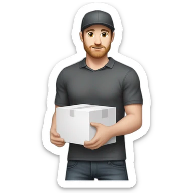 Pale skinned fit Man with dark brown hair in a black cap, gray jeans and dark gray polo T-shirt keeping a pasted with tape white box into his hands sticker