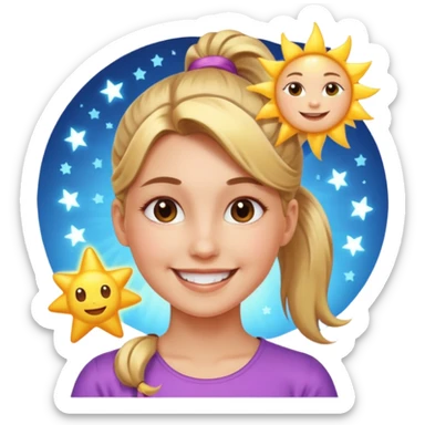An Emoji of girl with ponytail, who can be described by three words: sun, moo, star sticker
