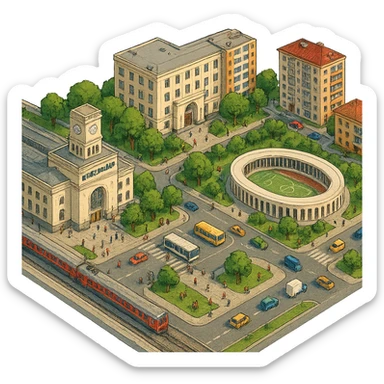 Изометричная миниатюрная фотореалистичная 3D модель панорамы Краснодара - вокзал Краснодар, КубГМУ, парк Краснодар со стадионом, краснодарские дома, автотранспорт четкие линии, яркие цвета, мультяшный реализм, люди, автотранспорт, компактная композиция, вид сверху в изометрии, прозрачный фон sticker