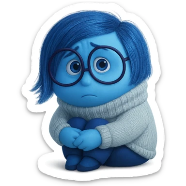 Sadness from Inside Out character, sitting with knees hugged, blue skin, short blue hair, glasses, Pixar style sticker