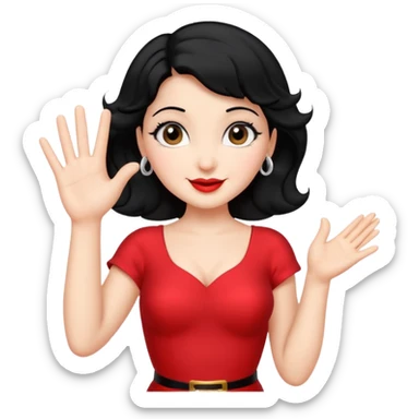 Do not change the face I already created, I want her with Betty boop face and black hair saying happy hello waving her hand sticker