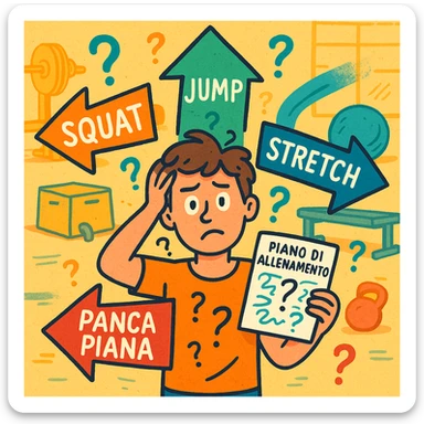a person stands in the center of a gym, surrounded by arrows pointing in all directions, each labeled with a different exercise (e.g., “squat,” “jump,” “stretch,” “bench press”). The person looks bewildered, holding a workout plan with scribbles and question marks. The scene is colorful but visually messy, symbolizing confusion. in italiano sticker