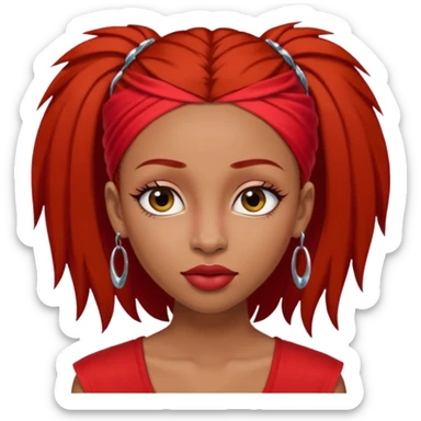 light-skinned black girl with very long eyelashes with long strait dark brown hair with edges wearing a red top with no sleeves. and a red accessory on her head with nose and mouth piercings and is a baddie and looks like a bad girl. sticker