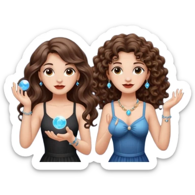 moon juggling — long wavy brown hair tattooed woman and short tight curly brown hair woman — tiny moons and crystals sticker