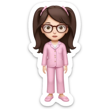 Girl age 20 years old with dark brown long hair, light skin, brown eyes, wearing a miu miu glasses the brown ones, and wearing a top in white with a pair of pyjama pants in pink and it's mocked in light pink too and a slipper in white and she looks pretty  sticker