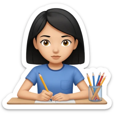 girl with black hair in short sleeves focusing in class sticker
