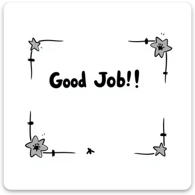 Certificate with decorative border, "Good Job!" text in the center, and stars scattered around the edges sticker