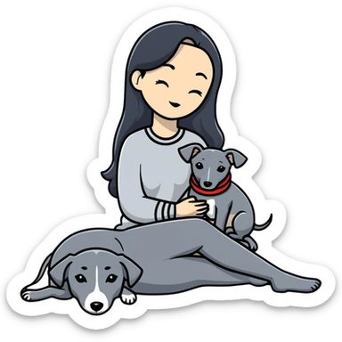 Very thin Chinese woman with long black hair relaxing in a luxurious hotel suite with exactly ONE whippet dog. EXTREME IMPORTANCE: the whippet must be ONE SOLID VERY DARK CHARCOAL GREY COLOR from nose to tail with ABSOLUTELY NO WHITE MARKINGS anywhere - NO white on face, NO white on muzzle, NO white on chest, NO white on paws, NO white on tail - NOTHING BUT A SINGLE SHADE OF VERY DARK GREY throughout the entire animal sticker