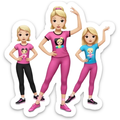 Hiphop dancer, with cute big pants, sneakers, and t-shirt. White girl blond. Coloufull shirt. No pocket pants. Dancing. Pink and black plain outfit. No sweatbands on the wrist, black music box behind her. Ballerina pose. with dancing kids behind her sticker