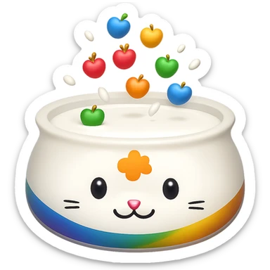 Replace the food in the cute cat food bowl with milk, the bowl is overflowing with milk, keep the cute cat food bowl style and apple emoji style, no background. sticker