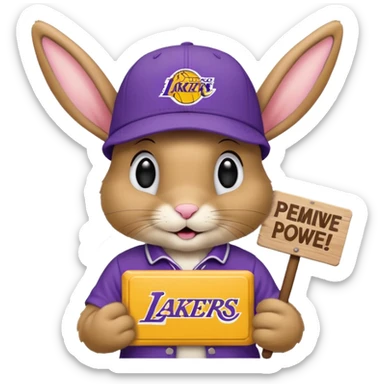 A tanish bunny with a Lakers hat and a sign that says "peewee" sticker