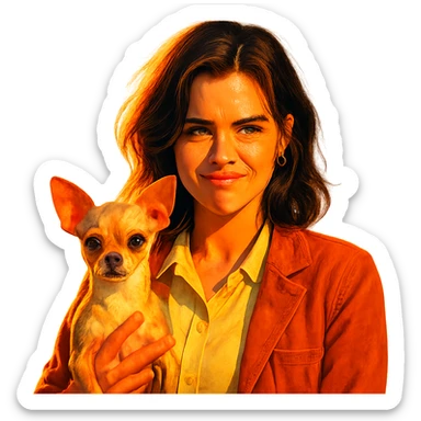 portrait centré d'une femme inspirée du visage de Zoe Deutch, teint hâlé, taches de rousseur discrètes, expression rebelle et enjouée, cheveux bruns mi-longs avec reflets auburn, chemise couleur #FFF8CA, veste rouille, tenant un chihuahua beige-marron, effet golden hour, fond transparent, style série Netflix, ambiance colorée et pop sticker