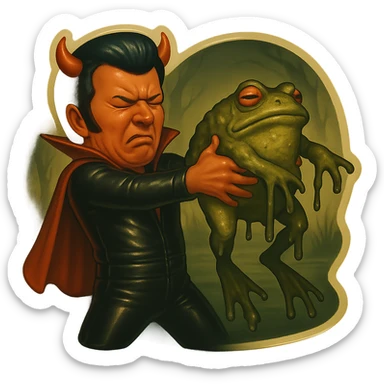 Remove all text from the image. Dress the character in a black leather jumpsuit instead of white, keep the short cape and very tiny horns. The character is holding a giant slimy toad away from himself with both hands and straight arms, head turned away in disgust, cringing. The background is swampy. Use retro sticker style with no borders. Maintain the grim vibe of the image. sticker