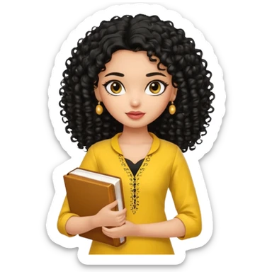a pretty bratz girl with curly black hair wearing a yellow kurti, eyeliner, jhumkas, carrying books sticker