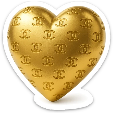 Chanel heart in metallic gold style with a subtle Chanel logo pattern, minimalist and chic sticker