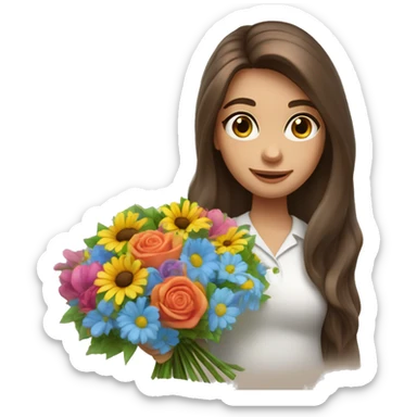 florist girl with long blowout brown hair and blue eyes with a colorful bouquet in the hand  sticker