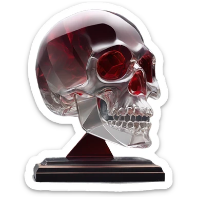 glass sculpture skull with a geometric, faceted design. The skull is standing upright on a base with angular and baroque features. The vibrant dark shade and red highlights the sharp edges and planes sticker