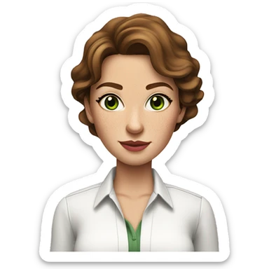 female real state agent with wavy brown hair an green eyes with nice pinkish lips dressed with a white shirt and a few freckles sticker