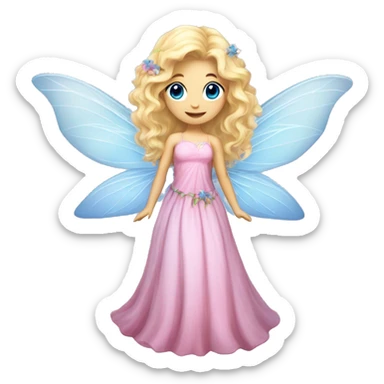 Fairy, a blonde hair with blue eyes and a pink dress with sparkly wings. Flowers. White wings. The fairy has long, curly hair with a lot of volume sticker