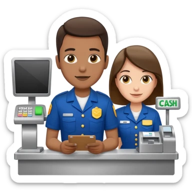 Supermarket employee at a cash register, full body, serving a man sticker