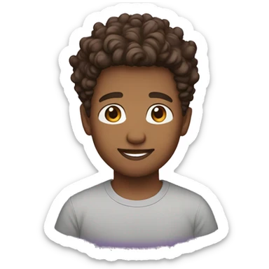 boy with mid fade and curly Brown hair, brown yes, purple t-shirt sticker