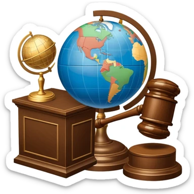An icon featuring a globe with a gavel and a political map, symbolizing political science. The design includes a ballot box and a podium, representing democracy and governance. Transparent background highlights the study of political systems and global relations. sticker