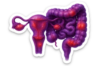 utero umano anatomico iperrealistico e intestino umano anatomico iperrealistico hanno in comune il dolore e l'infiammazione, rendi bene il collegamento tra i due organi doloranti, falla iperrealistica, non disegnata, fai colori che si adattano a questo viola #971ef1 sticker