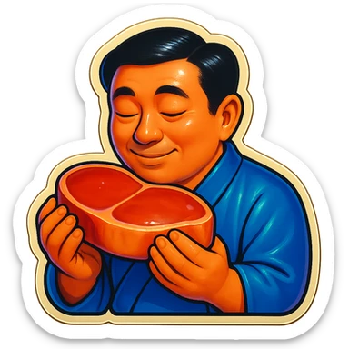 A Japanese man in traditional kimono with a loving look holds a steak in his hands, preparing to eat it sticker