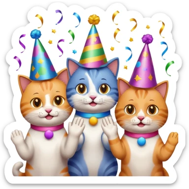five cats clapping for one other cat in the center, festive birthday party, emoji style sticker