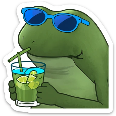 Bufo frog with blue sunglasses, sipping a green cocktail, in bufo style, transparent background sticker