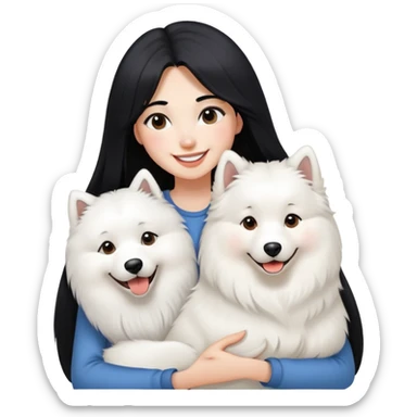 A beautiful girl with long straight black hair and a Samoyed dog in her arms, showing a smile of liking.  sticker