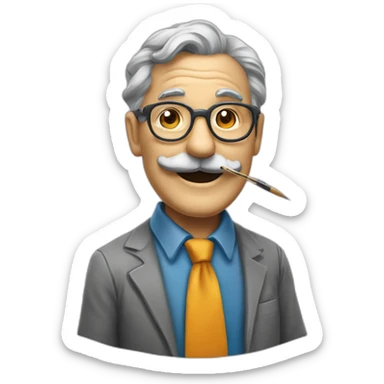 smiling old painter wearing a big grayl horeshoe mustache and glasse. he has a paintbrush in his hand. he wears color shirt and tie sticker